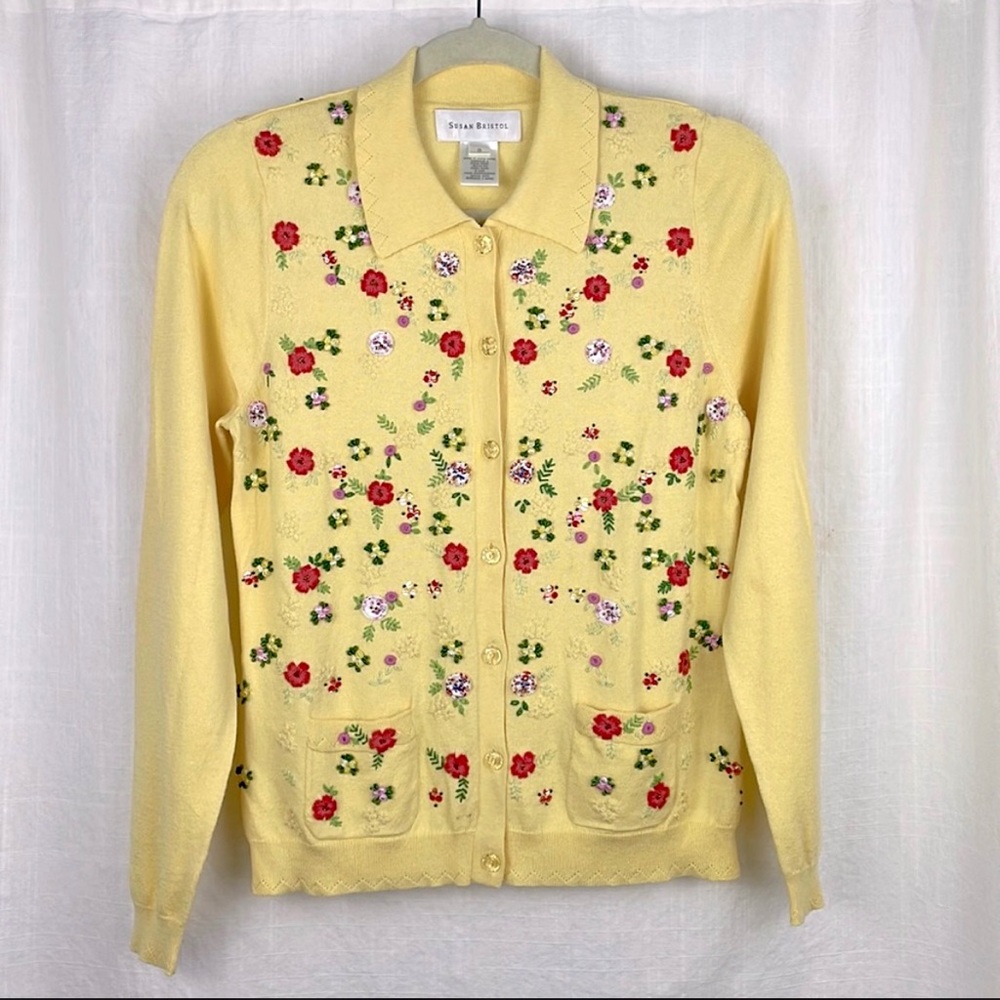 NWT SUSAN BRISTOL light yellow knit cotton blend Cardigan cottagecore floral